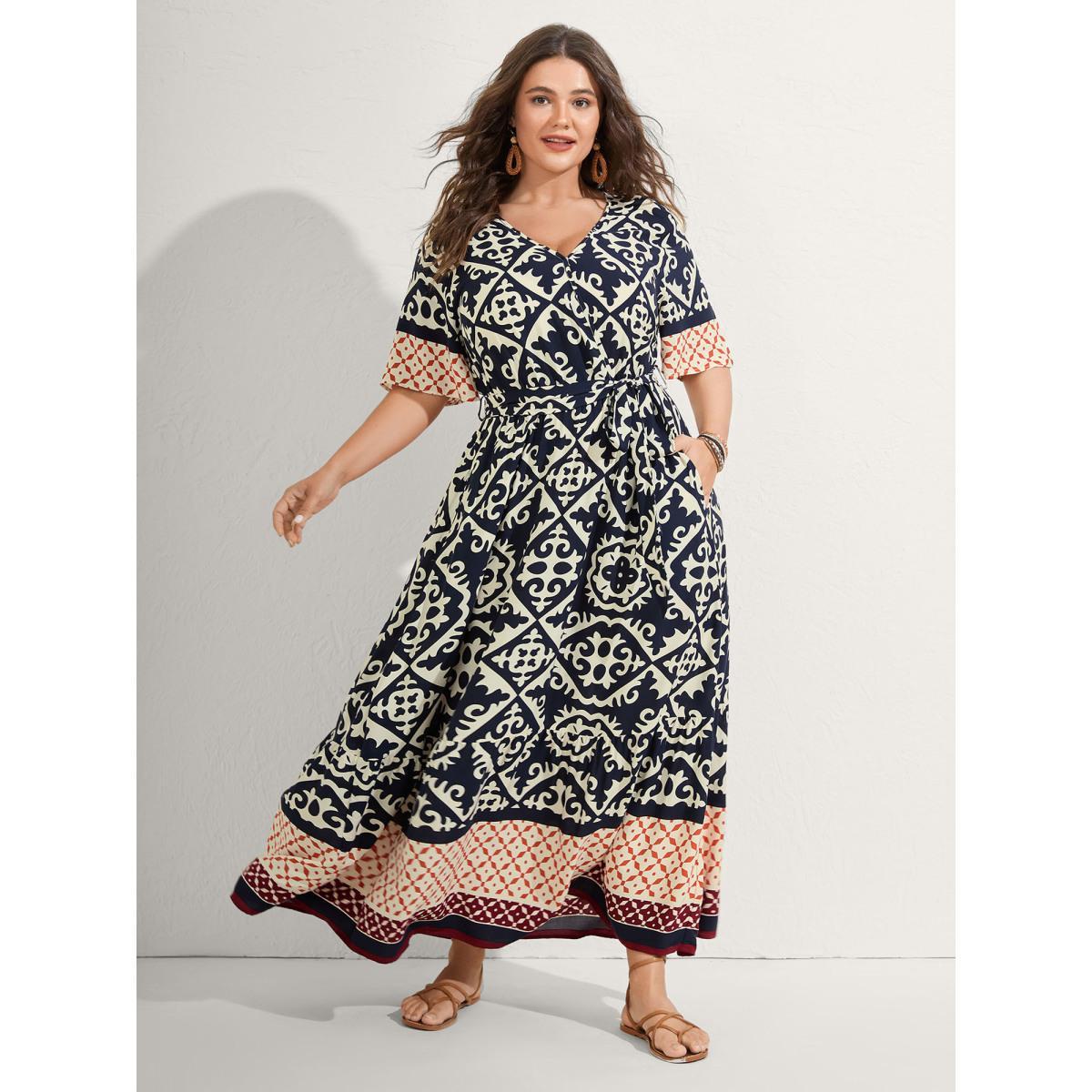 Plus Size Boho Print Side Tie Maxi Dress Midnight Women Belted V-neck Short sleeve Curvy BloomChic 10/M Product Image