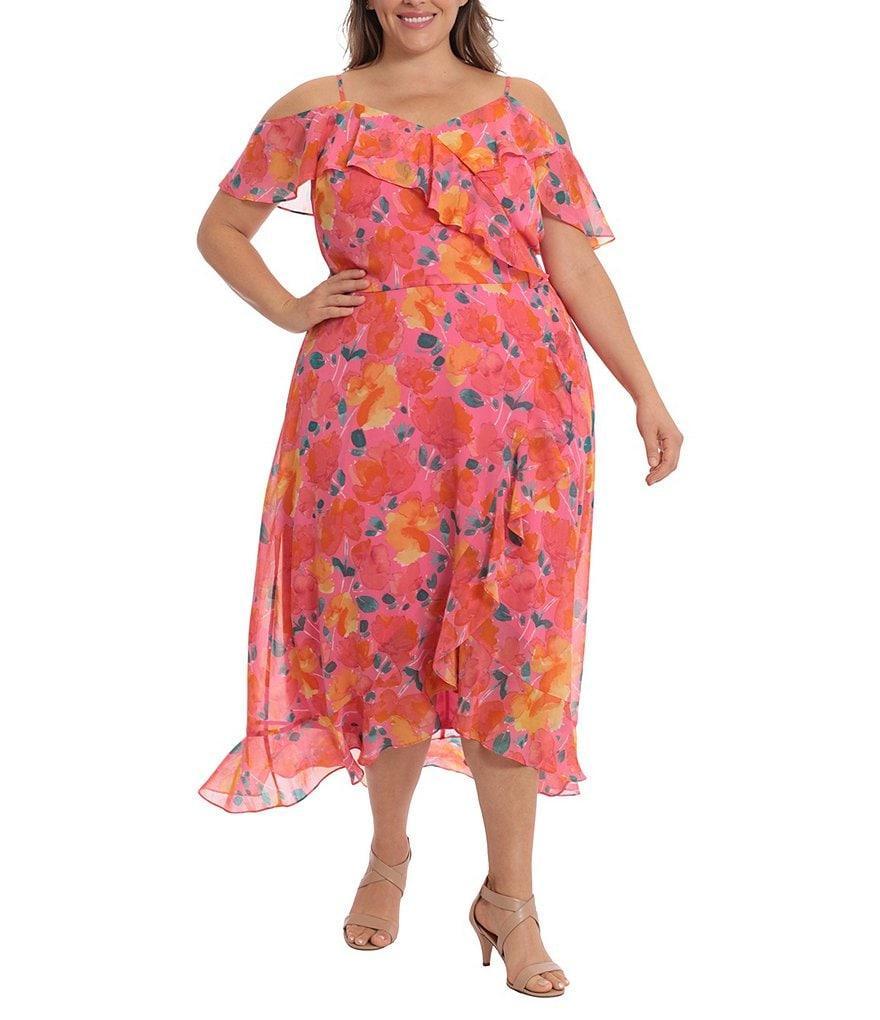 Plus Size London Times Cold Shoulder Ruffle Faux Wrap Dress, Womens Product Image