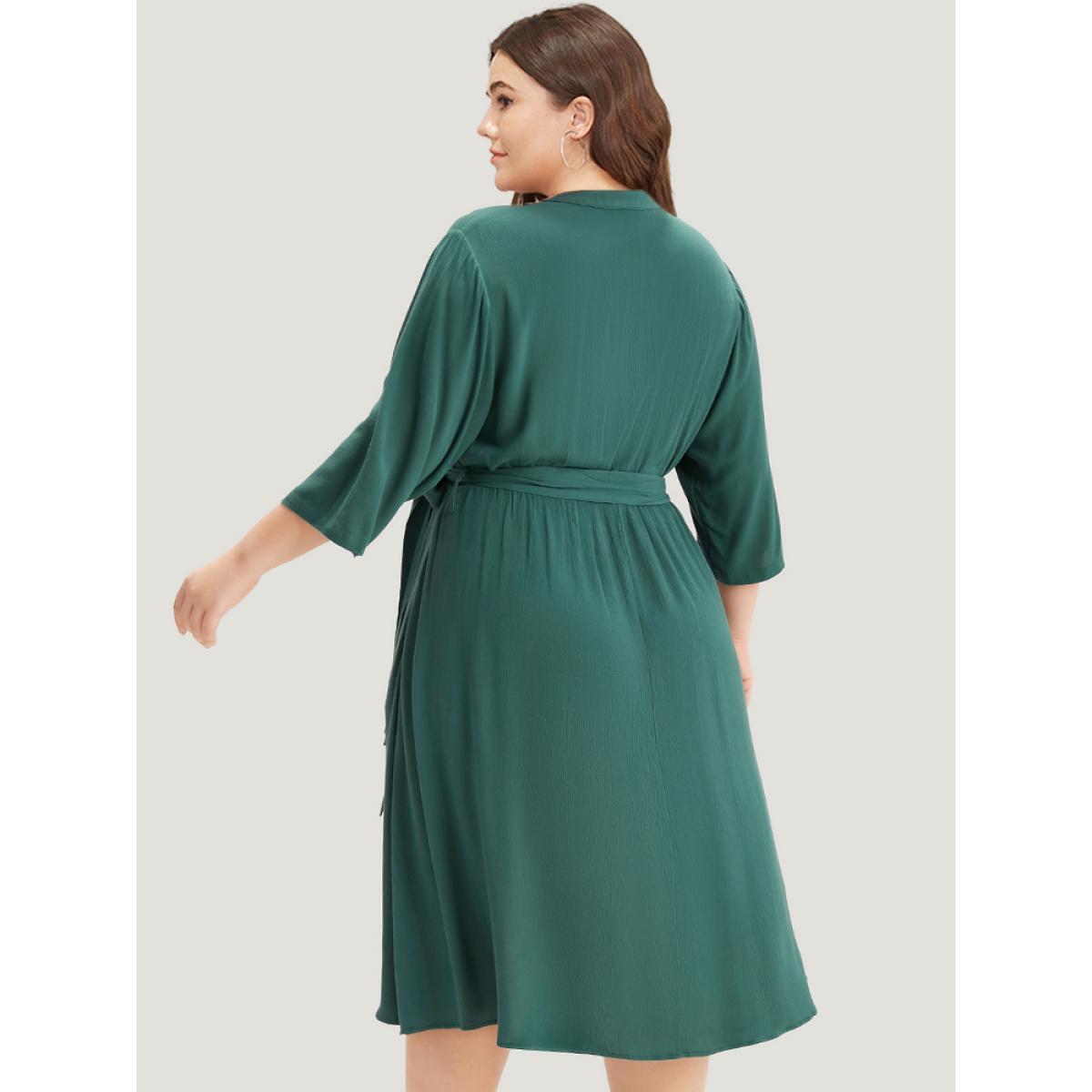 Plus Size Solid Button Detail Pocket Belted Notched Dress Emerald Women Office Plain Notched collar Elbow-length sleeve Curvy Midi Dress BloomChic 18-20/2X Product Image