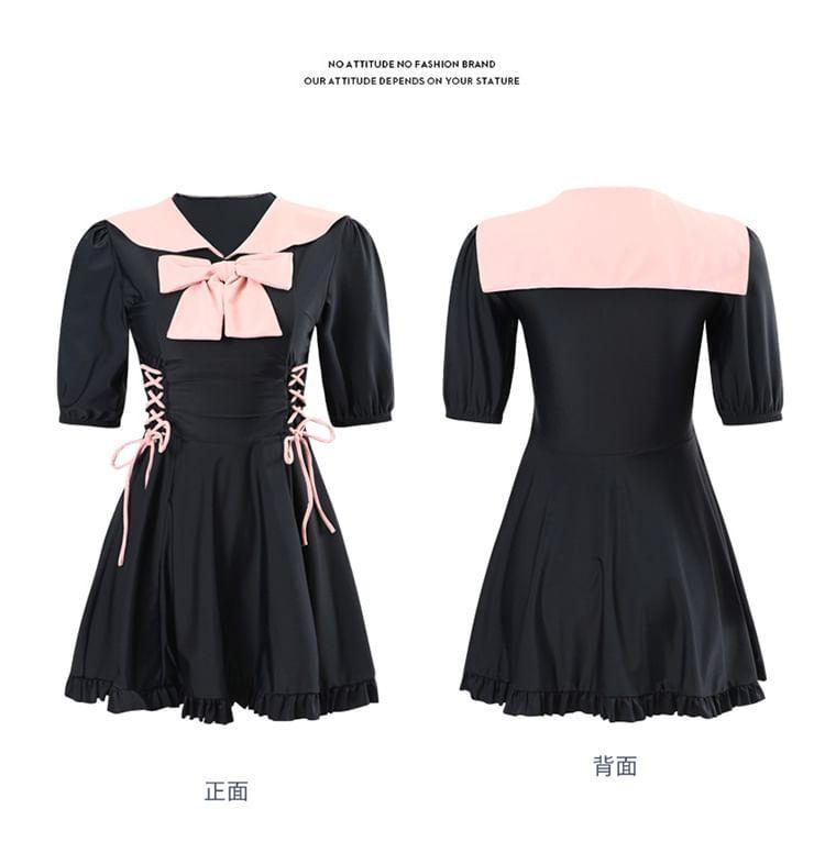 Short Sleeve Collared Bow Lace Up Frill Swimdress Product Image