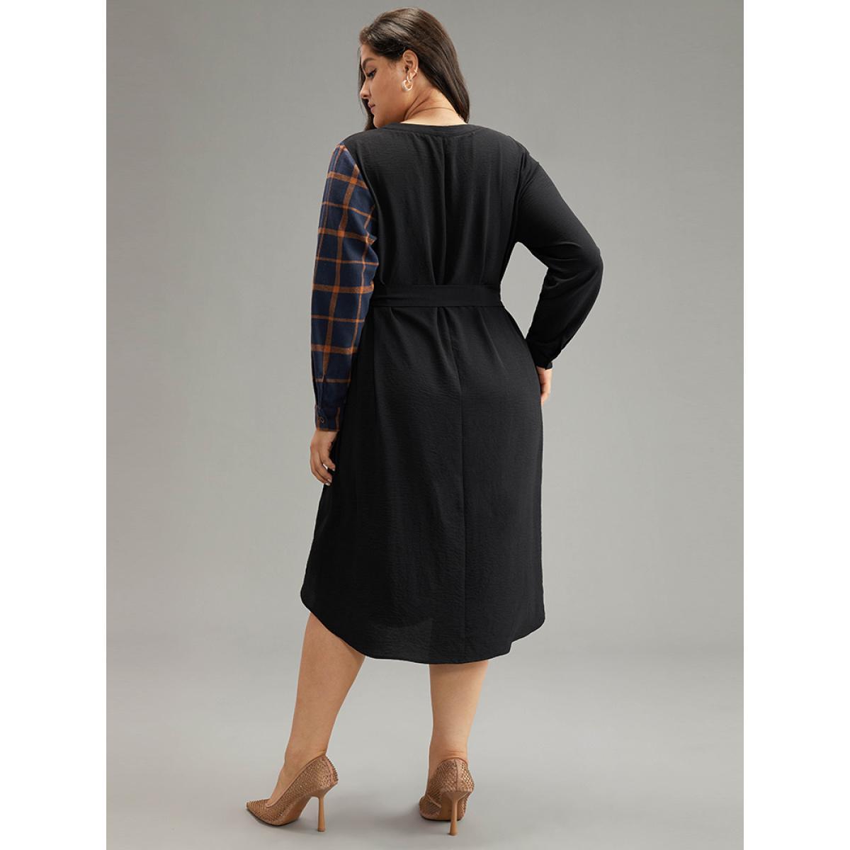 Plus Size Plaid Patchwork Notched Belted Dress Black Women Office Belted Notched collar Long Sleeve Curvy Midi Dress BloomChic 30/6X Product Image