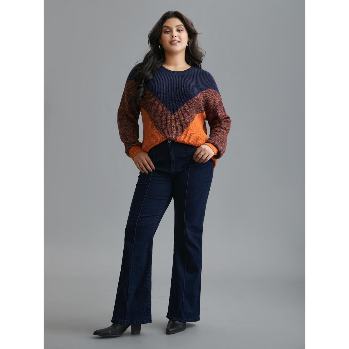 Plus Size Textured Balloon Sleeves Color Block Pullover Indigo Women Casual Loose Long Sleeve Round Neck Everyday Pullovers BloomChic 28/5X Product Image