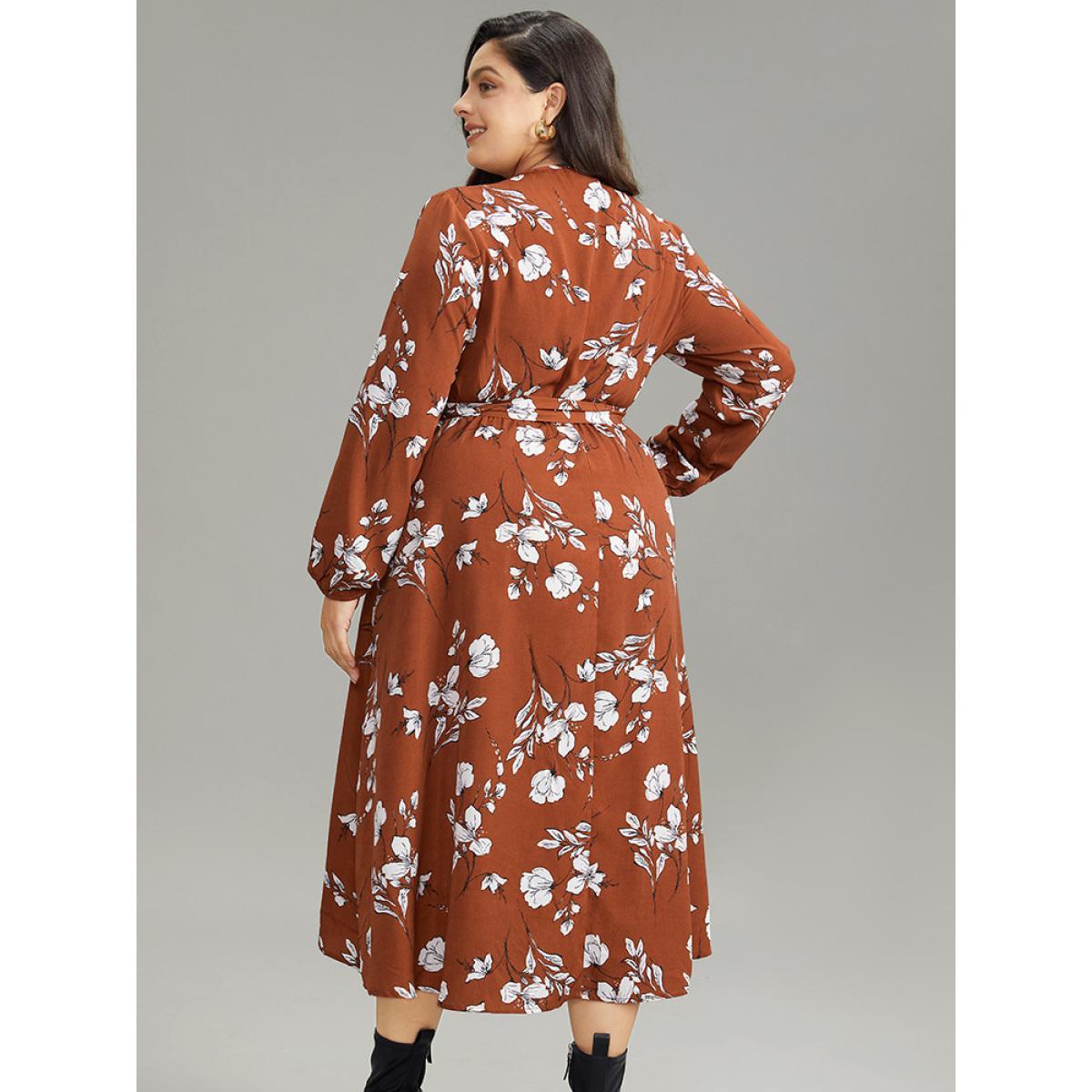 Plus Size Floral Print Wrap Hem Ties Dress Rust Women Elegant Elastic cuffs Overlap Collar Long Sleeve Curvy Midi Dress BloomChic 30/6X Product Image