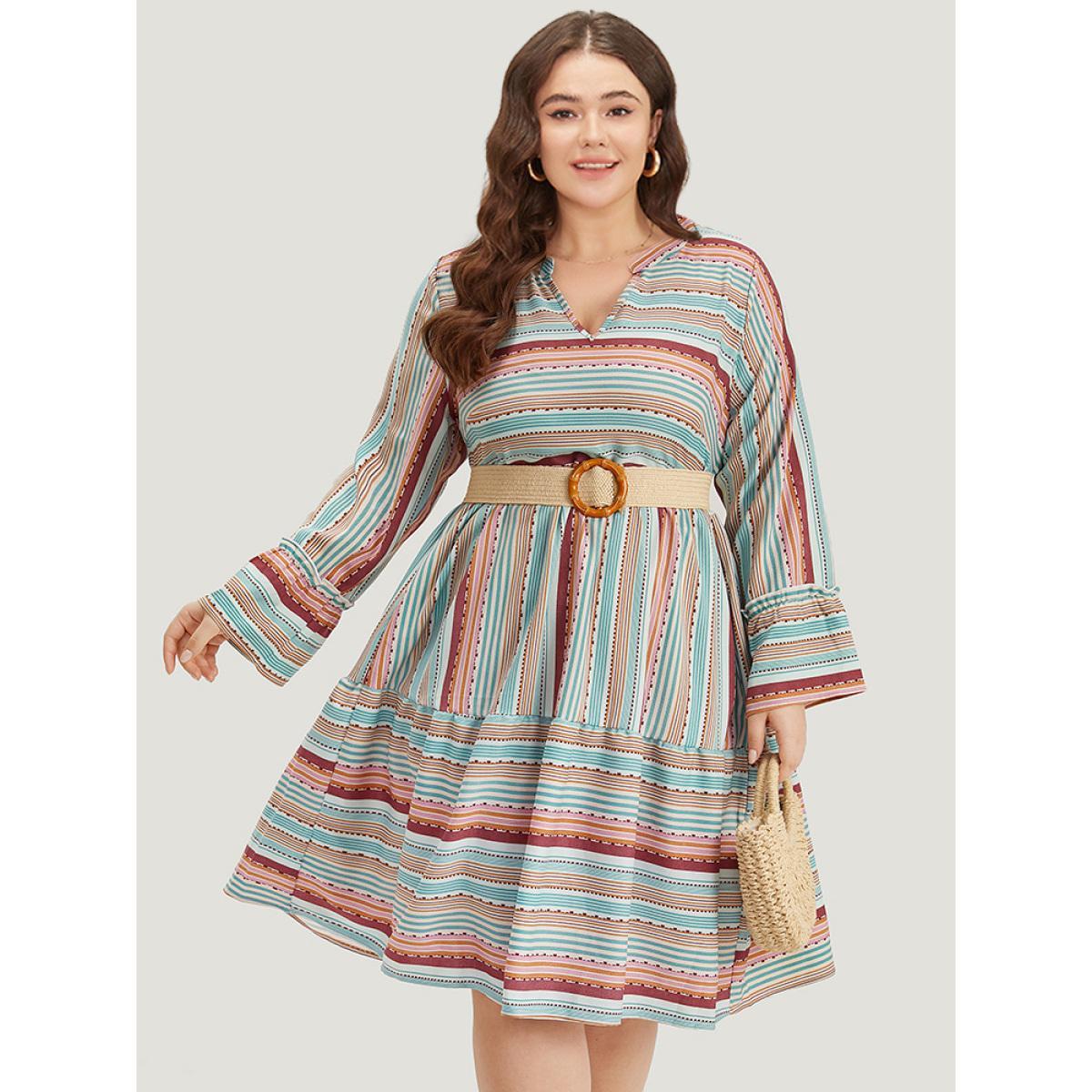 Plus Size Contrast Striped Notched Layered Hem Bell Sleeve Dress Multicolor Women Vacation Gathered Notched collar Long Sleeve Curvy Midi Dress BloomChic 22-24/3X Product Image