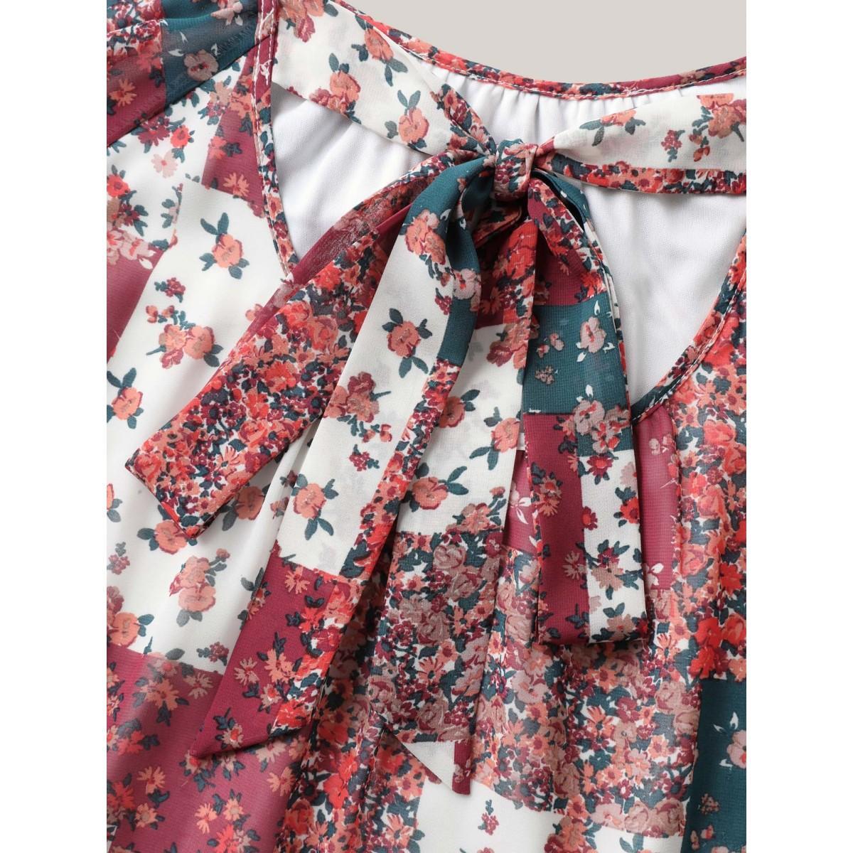 Plus Size Multicolor Boho Collage Print Backless Tie Blouse Women Short sleeve Round Neck Vacation Blouses BloomChic 22-24/3X Product Image