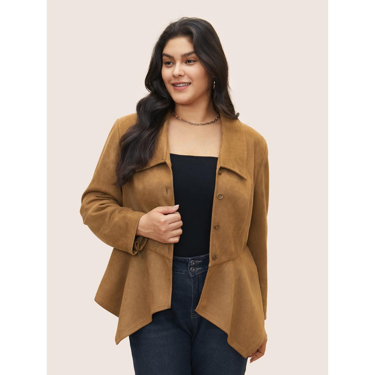 Plus Size Solid Faux Suede Zipper Hanky Hem Jacket Women Bronze Non Everyday Jackets BloomChic 28/5X Product Image