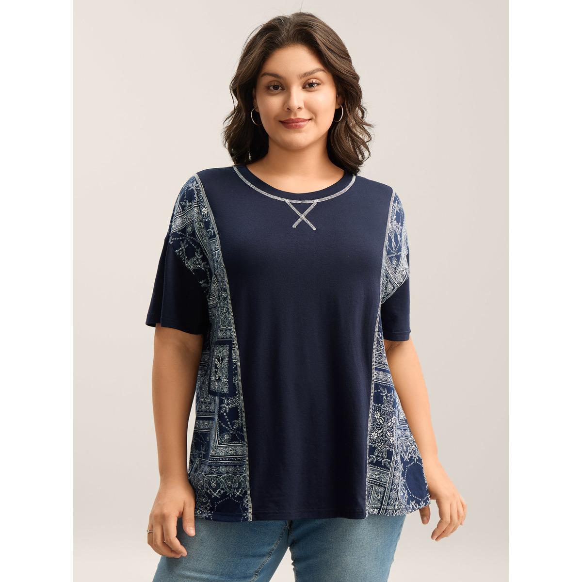 Plus Size Geometric Print Spliced Solid T-Shirt Midnight Women Topstitching Round Neck Everyday-Casual T-shirts BloomChic 10/M Product Image