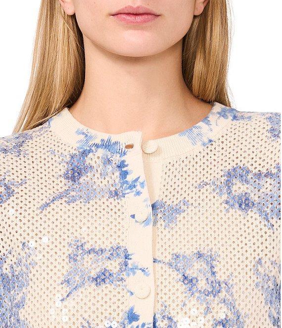 CeCe Sequin Floral Print Crew Neck Long Sleeve Button Front Cardigan Product Image