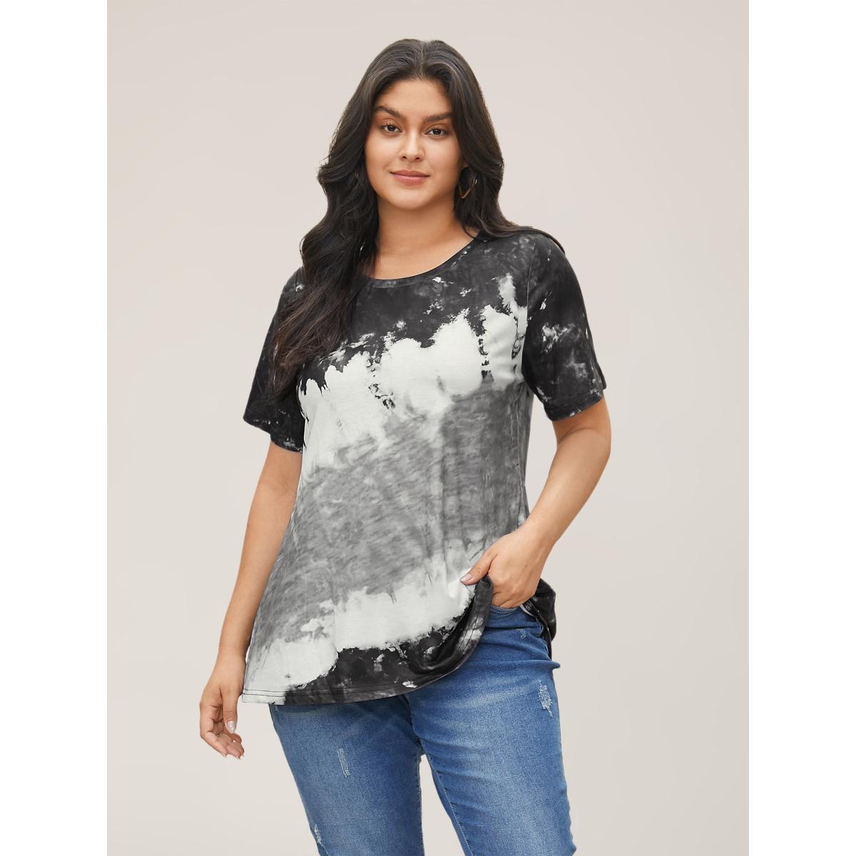 Plus Size Tie Dye Round Neck T-shirt Black Women Casual Tie Dye Round Neck Everyday T-shirts BloomChic 26/4X Product Image