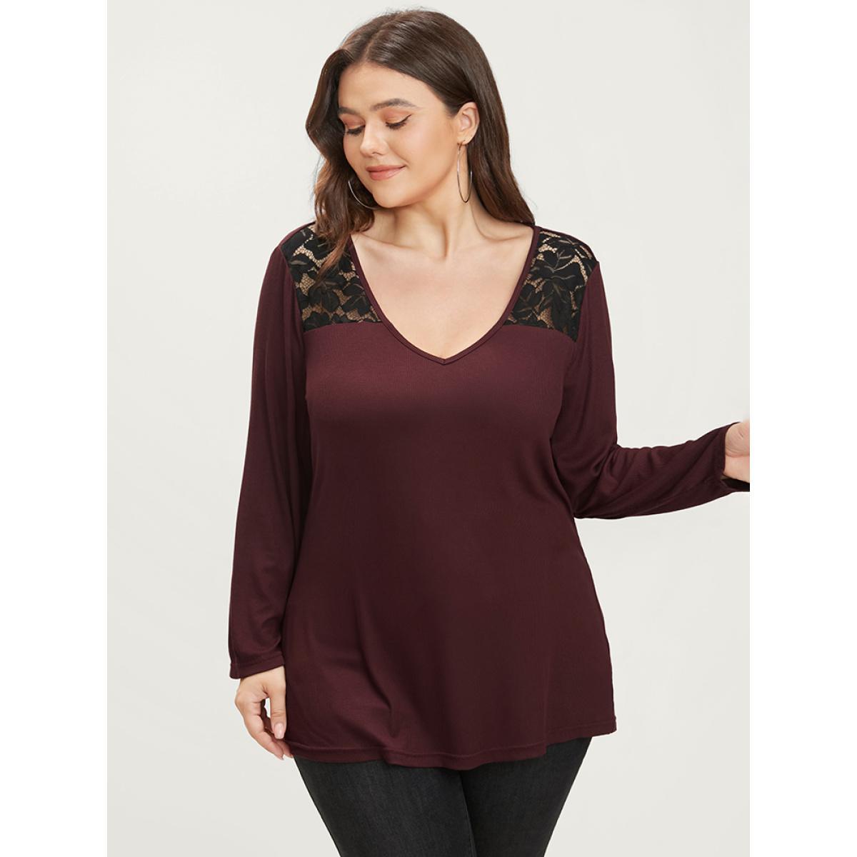 Plus Size Solid V Neck Contrast Lace Rib Knit Long Tee Scarlet Women Elegant Plain V-neck Dailywear T-shirts BloomChic 28/5X Product Image