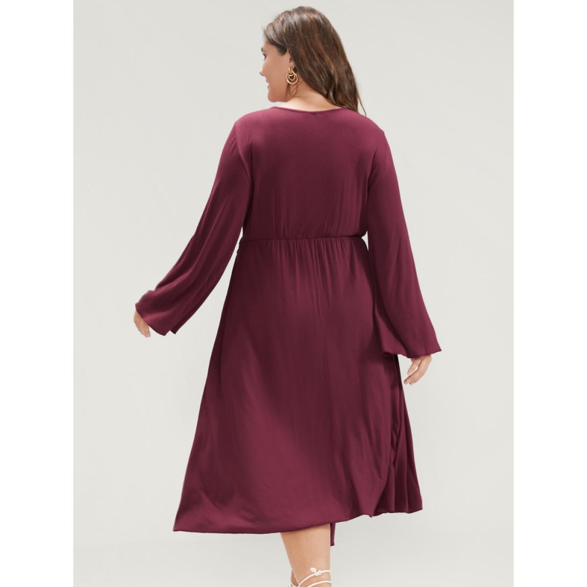 Plus Size Solid Wrap Knotted Front Pocket Bell Sleeve Asymmetrical Hem Dress Burgundy Women Elegant Wrap V-neck Long Sleeve Curvy Midi Dress BloomChic 26/4X Product Image