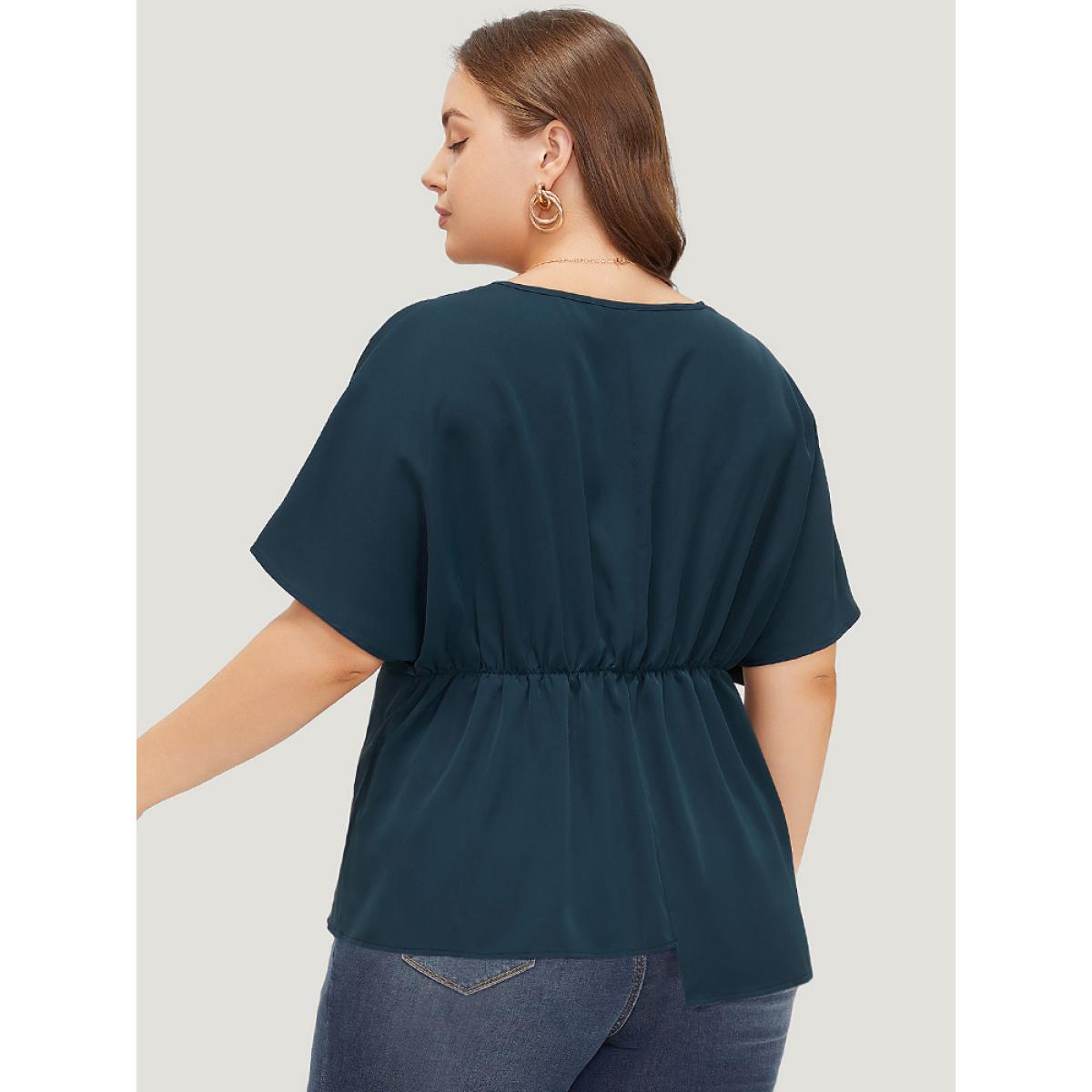 Plus Size Indigo Plain Twist Front Dolman Sleeve Asymmetrical Hem Blouse Women Office Short sleeve V-neck Dailywear Blouses BloomChic 30/6X Product Image