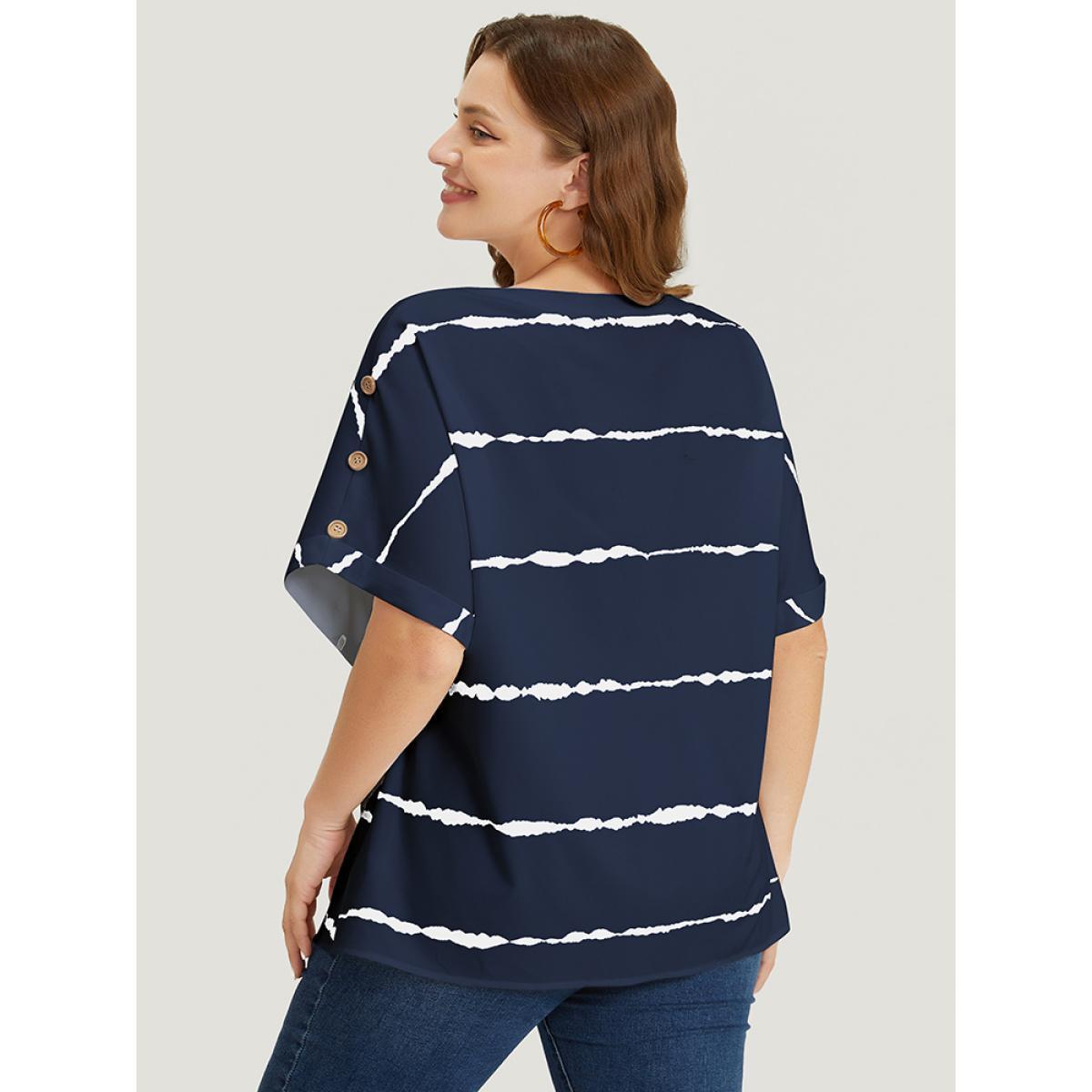 Plus Size Indigo Tie Dye Notched Button Detail Roll Dolman Sleeve Striped Blouse Women Work From Home Short sleeve Notched collar Work Blouses BloomChic 12/L Product Image
