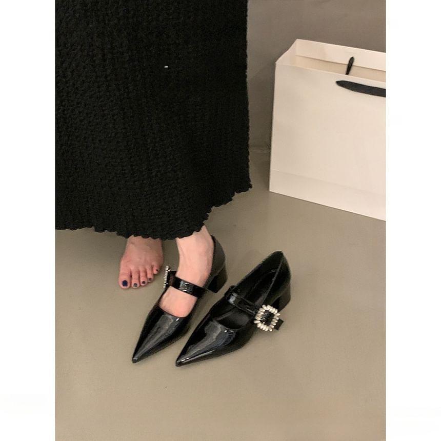 Chunky Heel Pointed Toe Rhinestone Buckled Mary Jane Pumps Product Image
