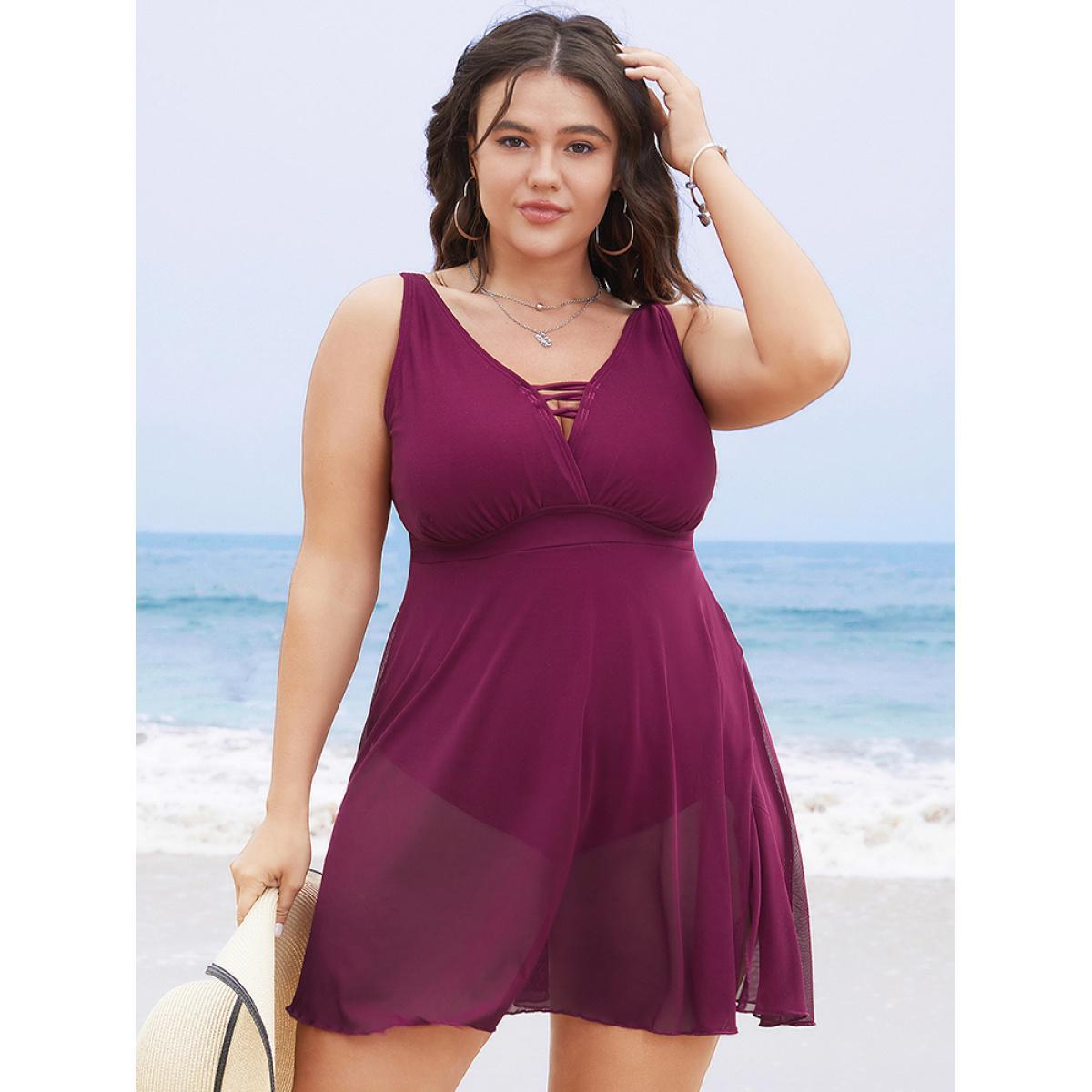Plus Size Plain Crisscross Wrap Mesh Ruffle Split Swim Dress Women's Swimwear RedViolet Vacation Bodycon V-neck High stretch Curve Swim Dresses BloomChic 22-24/3X Product Image