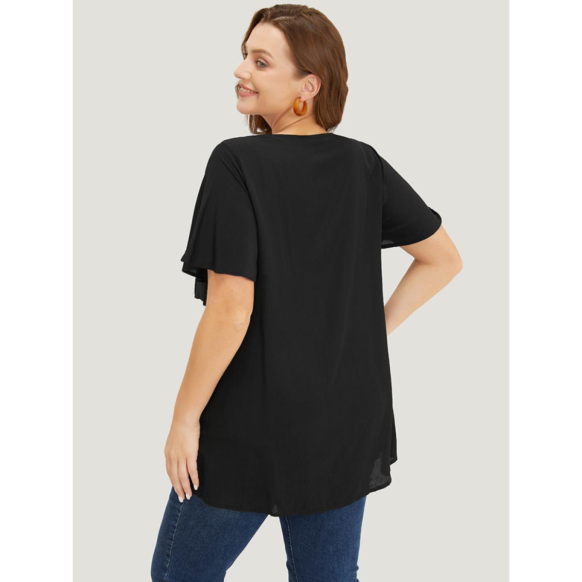 Plus Size Black Colorblock Contrast Pleated Button Detail Ruffle Sleeve Blouse Women Elegant Short sleeve V-neck Dailywear Blouses BloomChic 30/6X Product Image