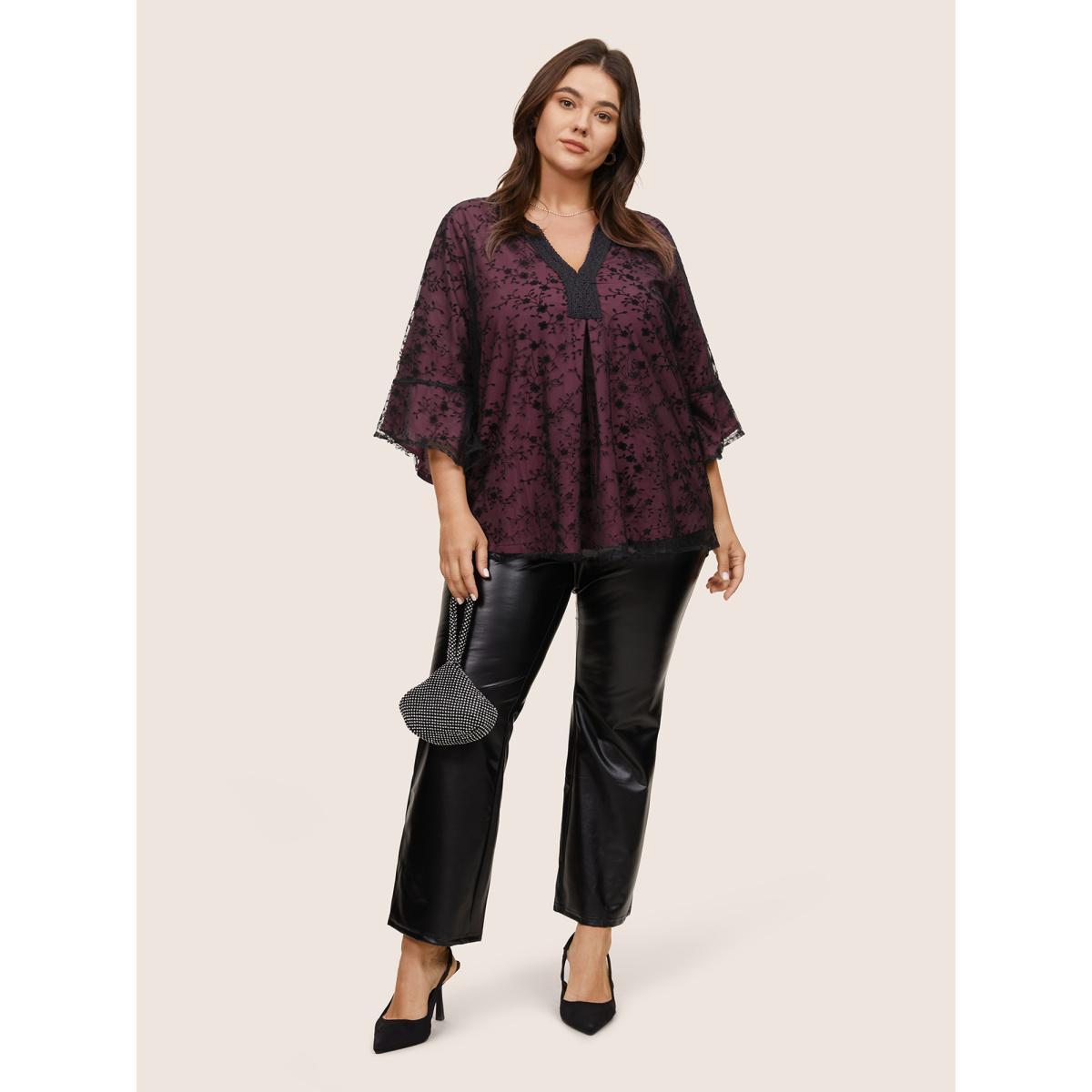 Plus Size Burgundy Crochet Lace Mesh Bell Sleeve Blouse Women Cocktail Elbow-length sleeve V-neck Party Blouses BloomChic 12/L Product Image