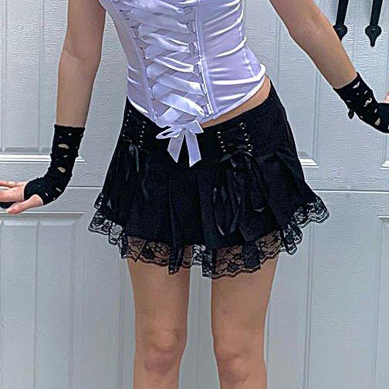 Lace-Up Pleated Lace Mini Skirt Product Image