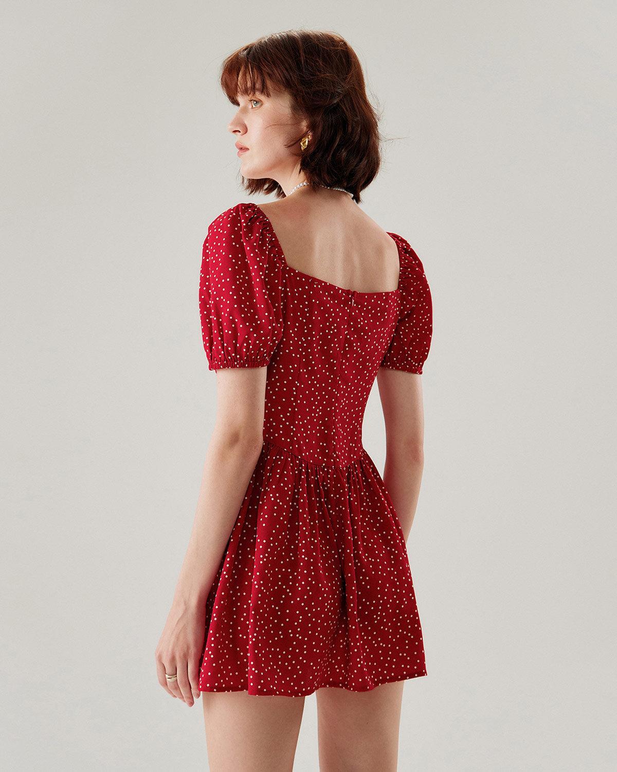 Red Polka Dot Square Neck Mini Dress Product Image