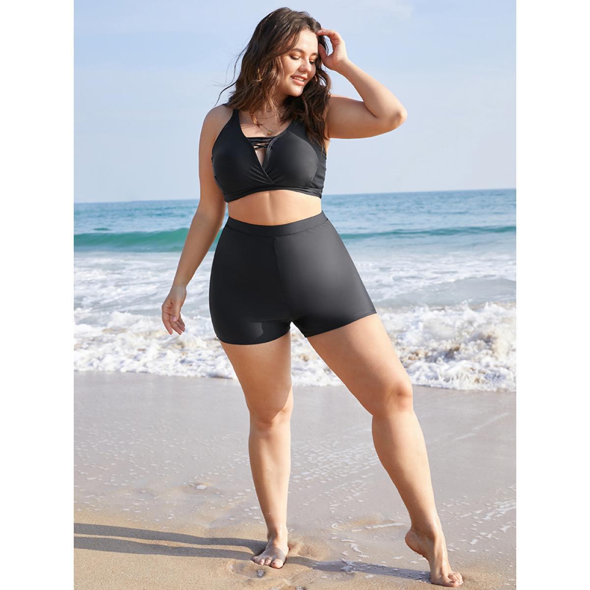 Plus Size Plain Elastic Waist Swim Shorts Women's Swimwear Black Beach Non High stretch Skinny High Rise Curve Swim Bottoms BloomChic 12/L Product Image