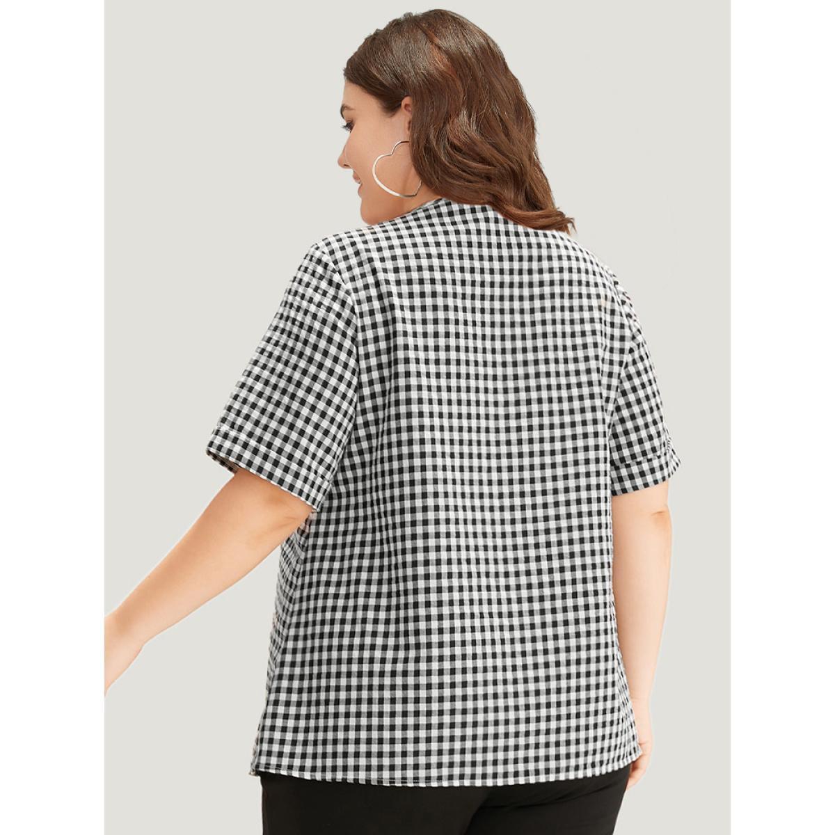 Plus Size Black Gingham V Neck Button Through Blouse Women Office Short sleeve V-neck Work Blouses BloomChic 12/L Product Image