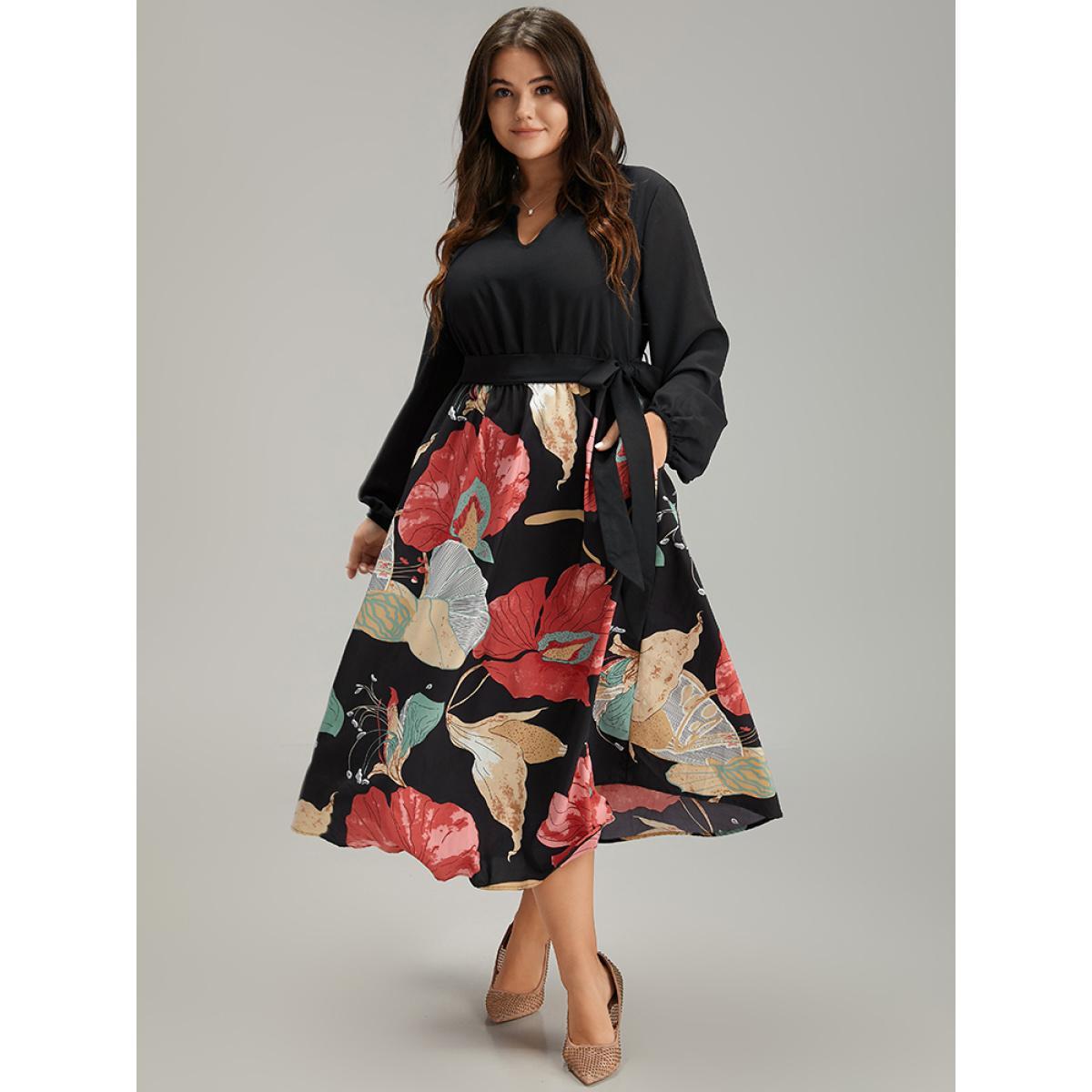 Plus Size Floral Print Patchwork Notched Belted Dress Black Women Elegant Elastic cuffs Notched collar Long Sleeve Curvy Midi Dress BloomChic 14-16/1X Product Image