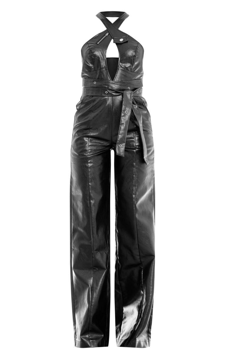 Black Pu Cross Neck Eyelet Detail Belted Jumpsuit Product Image