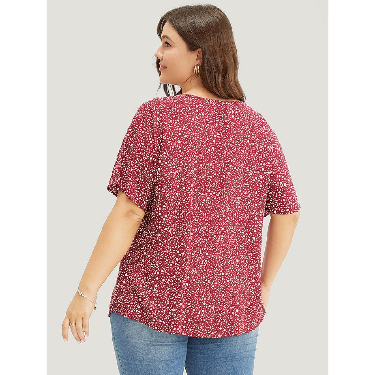 Plus Size Burgundy Ditsy Floral Pleated Front Button Detail Blouse Women Elegant Short sleeve Round Neck Dailywear Blouses BloomChic 30/6X Product Image