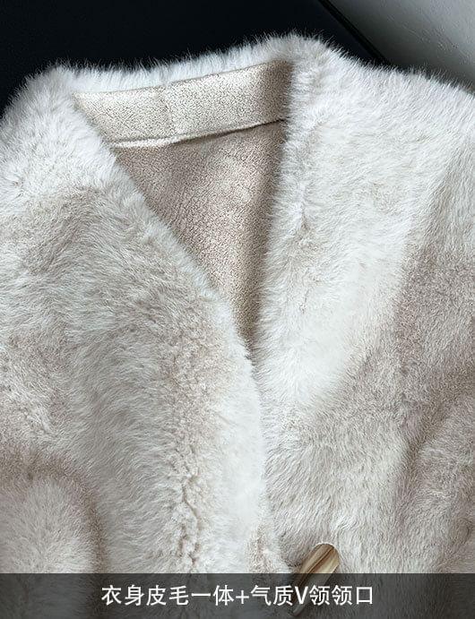 V-Neck Plain Faux Fur Toggle Jacket Product Image