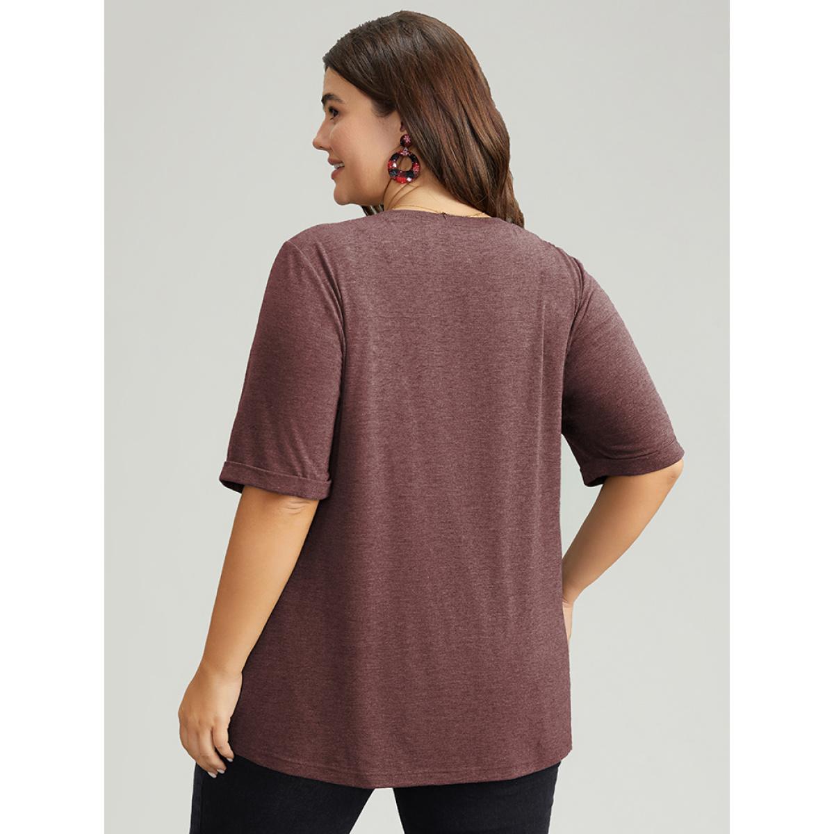 Plus Size Christmas Gingham Patchwork V Neck T-shirt Raspberry Women Casual Printed Christmas Festival-Christmas T-shirts BloomChic 10/M Product Image
