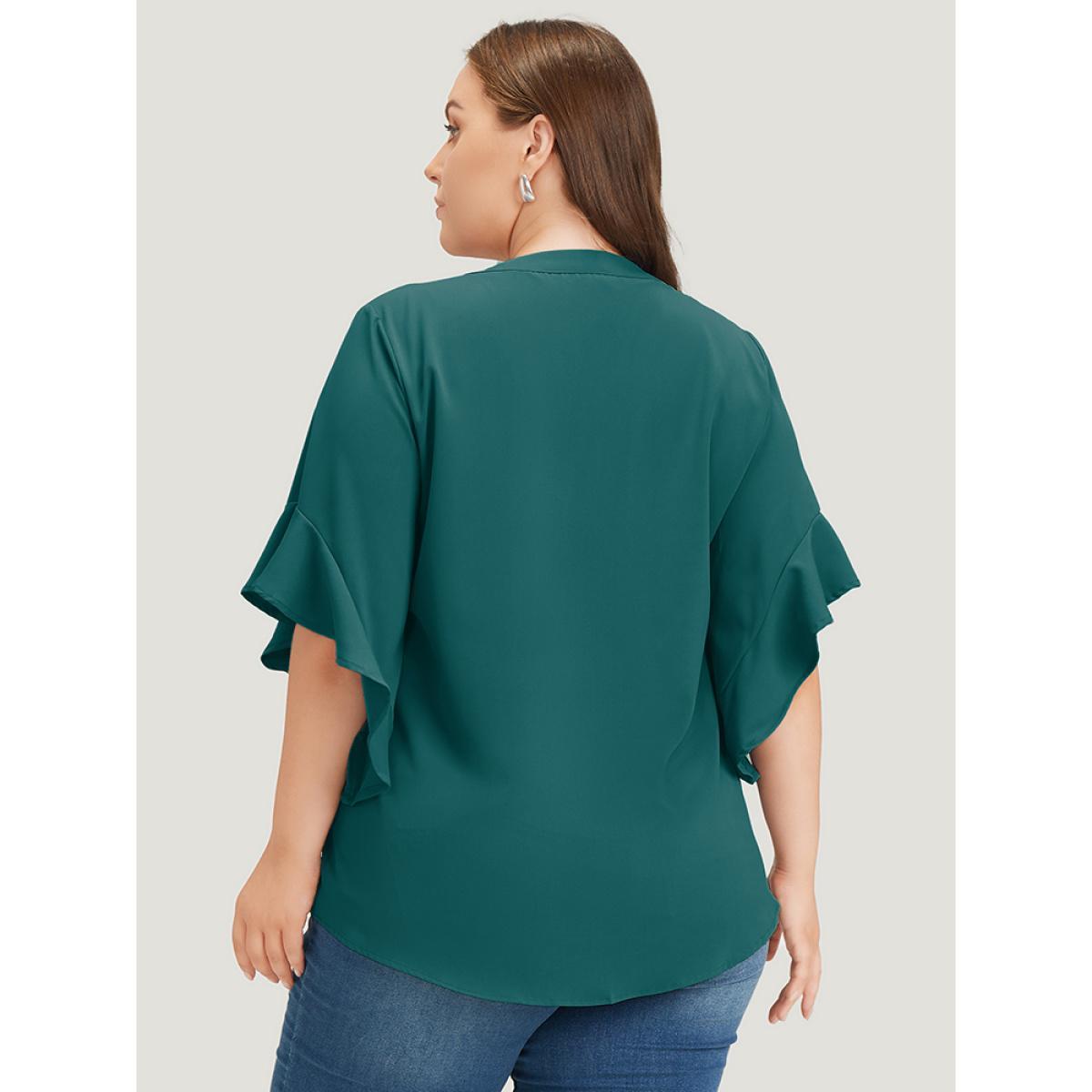 Plus Size Cyan Anti-Wrinkle Plain Notched Flutter Sleeve Button Up Blouse Women Office Short sleeve Notched collar Work Blouses BloomChic 18-20/2X Product Image