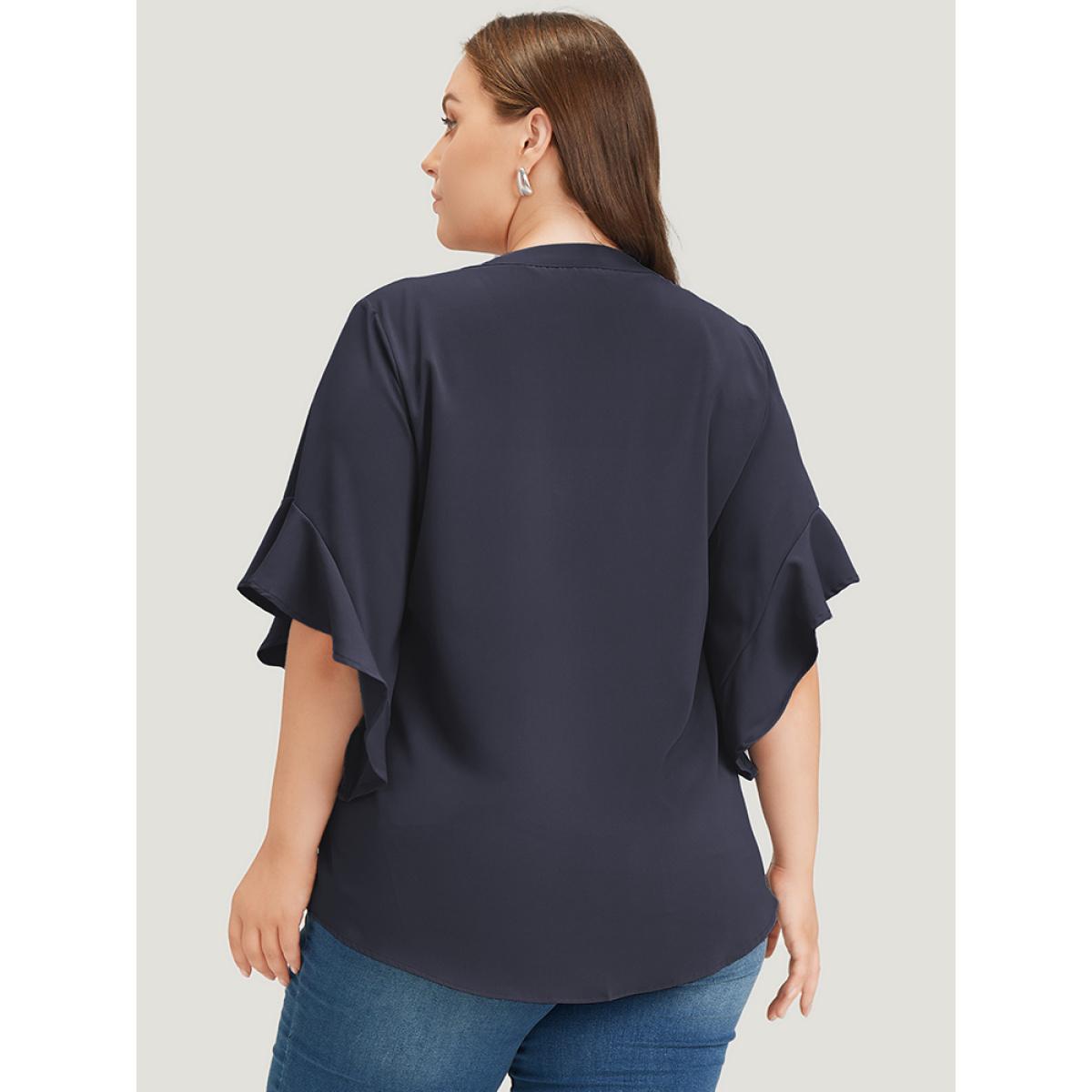 Plus Size Indigo Anti-Wrinkle Plain Notched Flutter Sleeve Button Up Blouse Women Office Short sleeve Notched collar Work Blouses BloomChic 28/5X Product Image