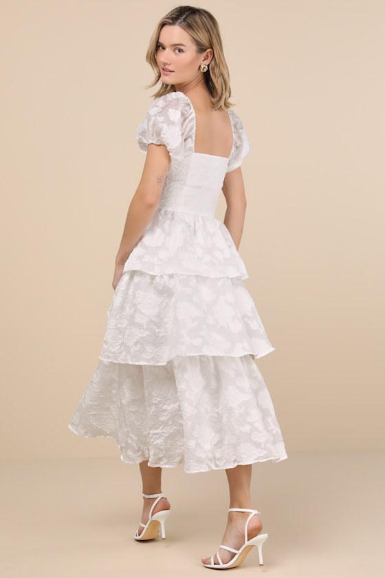 Mesmerizing Sweetheart Ivory Jacquard Puff Sleeve Midi Dress Product Image