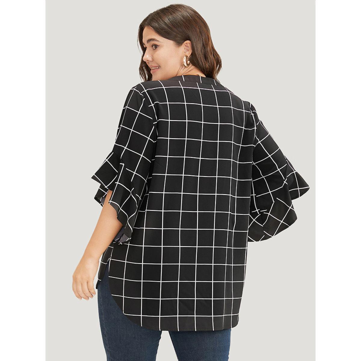 Plus Size Black Plaid Notched Button Up Ruffle Sleeve Split Hem Blouse Women Office Elbow-length sleeve Notched collar Work Blouses BloomChic 12/L Product Image