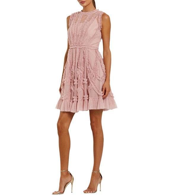 Mac Duggal Illusion Mock Neck Sleeveless Mesh Micro Ruffle Mini Dress Product Image