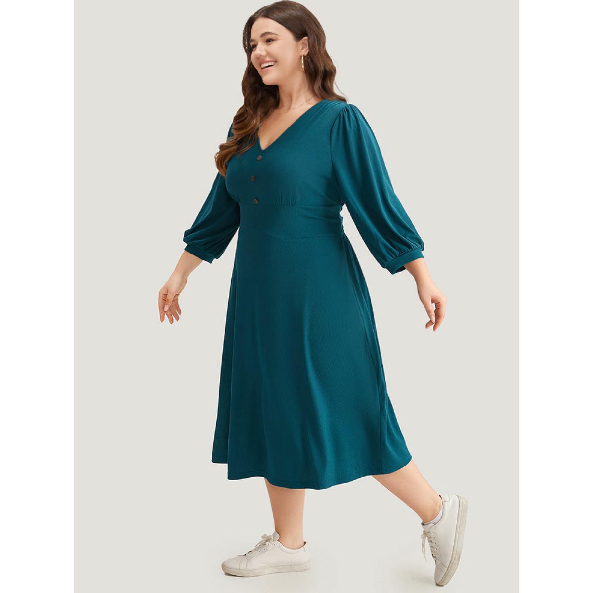 Plus Size Rib Knit Bowknot Ties Button Detail Gathered Dress Aegean Women Casual Plain V-neck Elbow-length sleeve Curvy Midi Dress BloomChic 14-16/1X Product Image