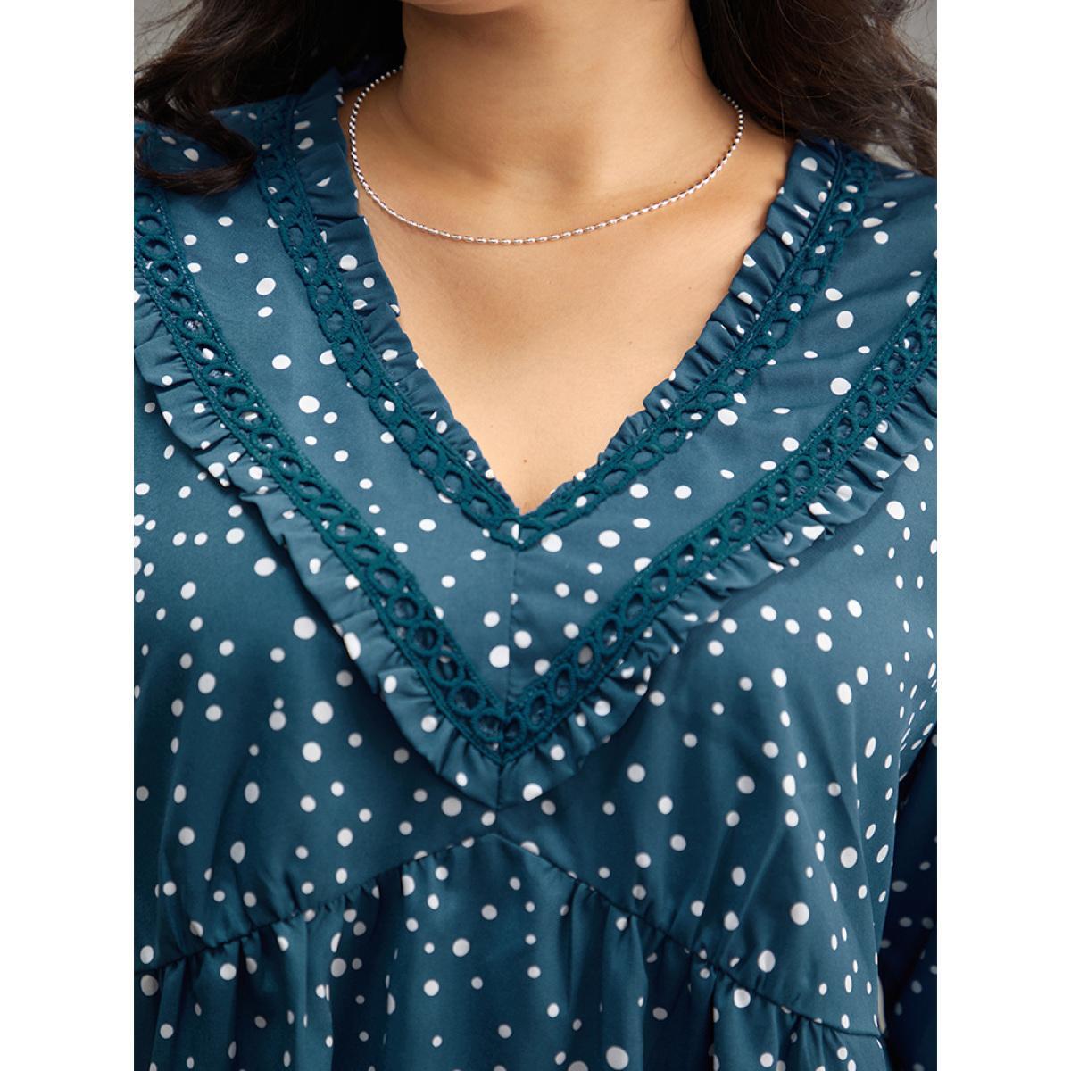 Plus Size Aegean Guipure Lace Polka Dot Blouse Women Elegant Long Sleeve V-neck Dailywear Blouses BloomChic 28/5X Product Image