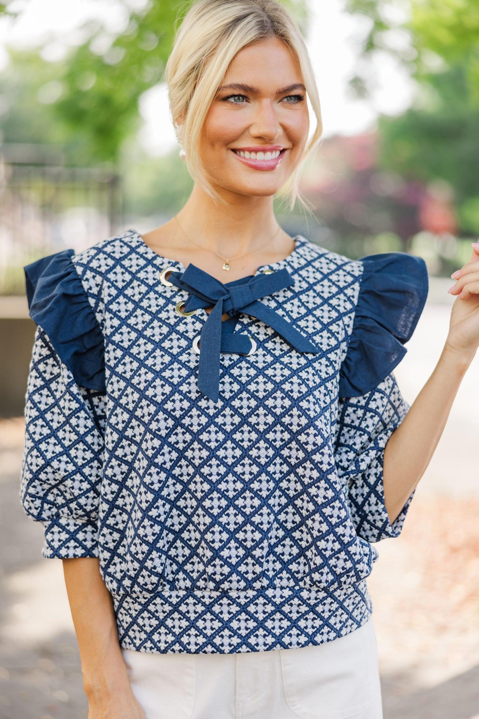 All Your Love Navy Blue Ruffled Blouse Female Product Image
