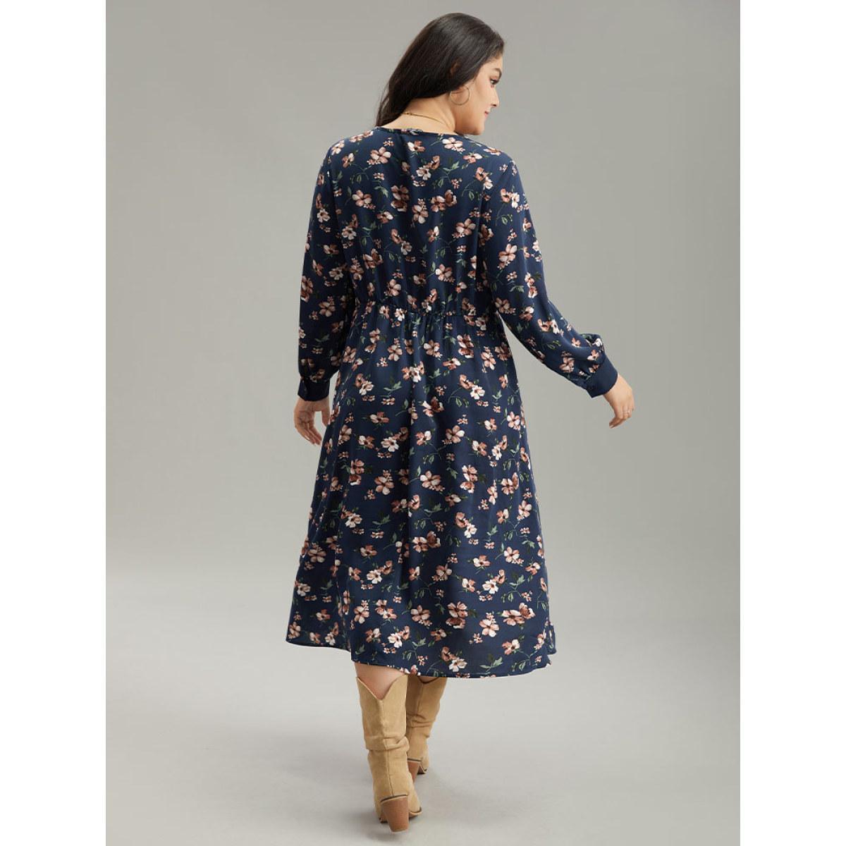 Plus Size Floral Print Elastic Waist Split Hem Dress Indigo Women Vacation Printed V-neck Long Sleeve Curvy Midi Dress BloomChic 26/4X Product Image