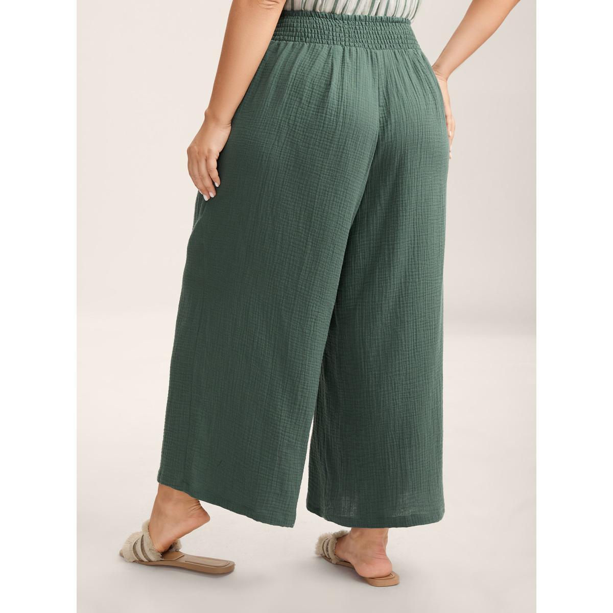 Plus Size Cotton Shirred Textured Wide-Leg Pants Women Teal Resort Wide Leg Mid Rise Vacation Pants BloomChic 22-24/3X Product Image