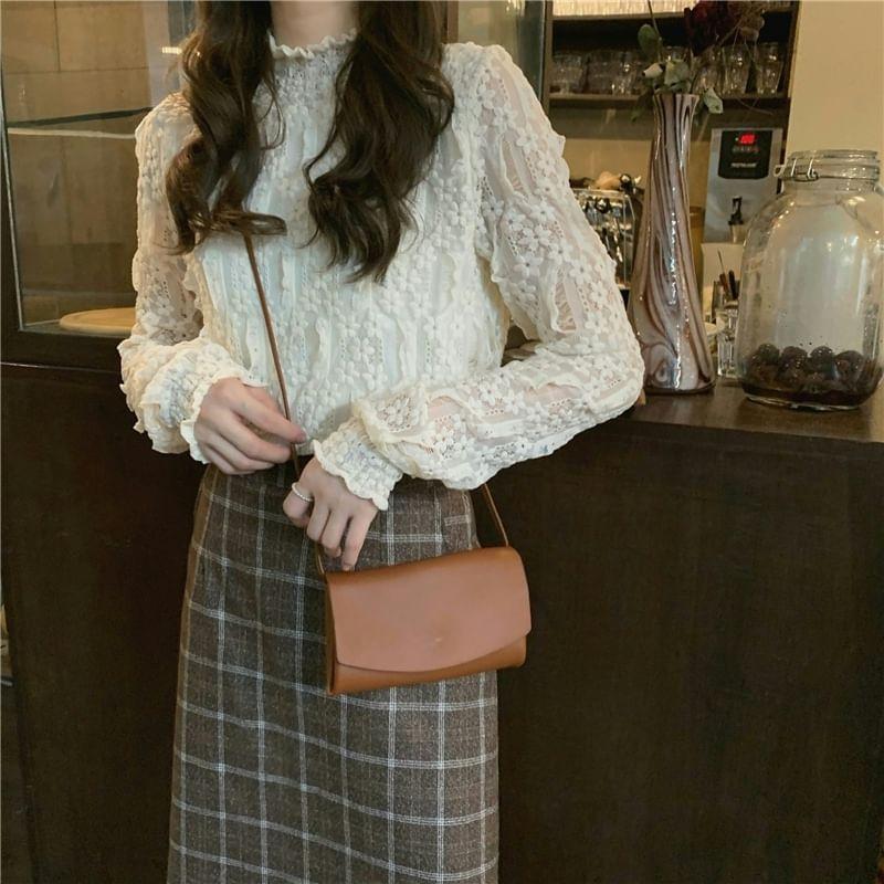 Long Sleeve Stand Collar Plain Lace Top Product Image
