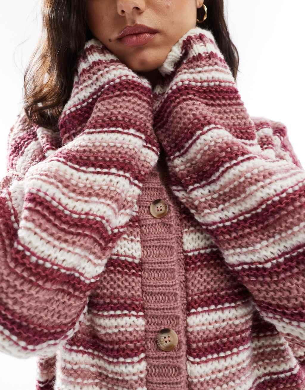ASOS DESIGN knitted crew neck cardigan in pink stripe Product Image
