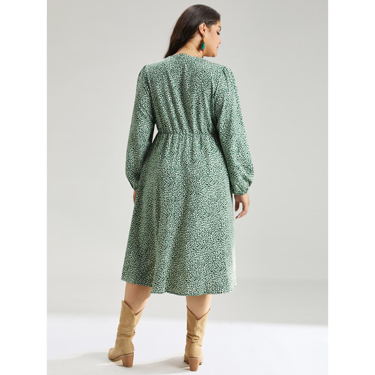 Plus Size Leopard Print Elastic Cuffs Button Detail Dress Green Women Elegant Elastic cuffs V-neck Long Sleeve Curvy Midi Dress BloomChic 28/5X Product Image