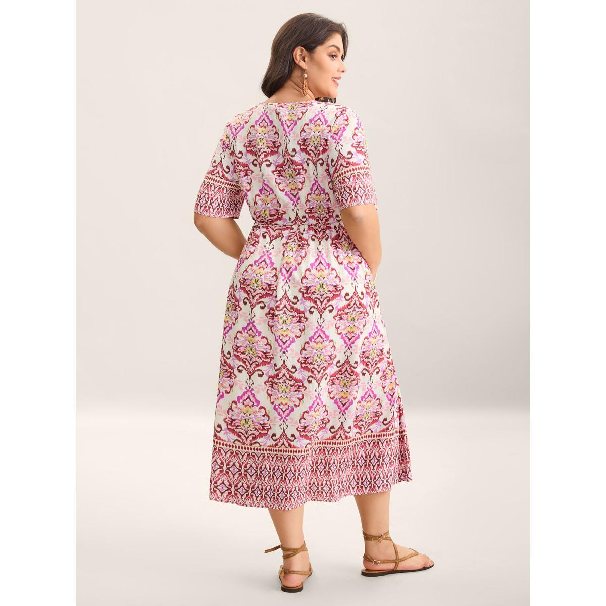 Plus Size Ornate Print Surplice Pockets Maxi Dress Beanpastepowder Women Overlap Collar Short sleeve Curvy BloomChic 10/M Product Image