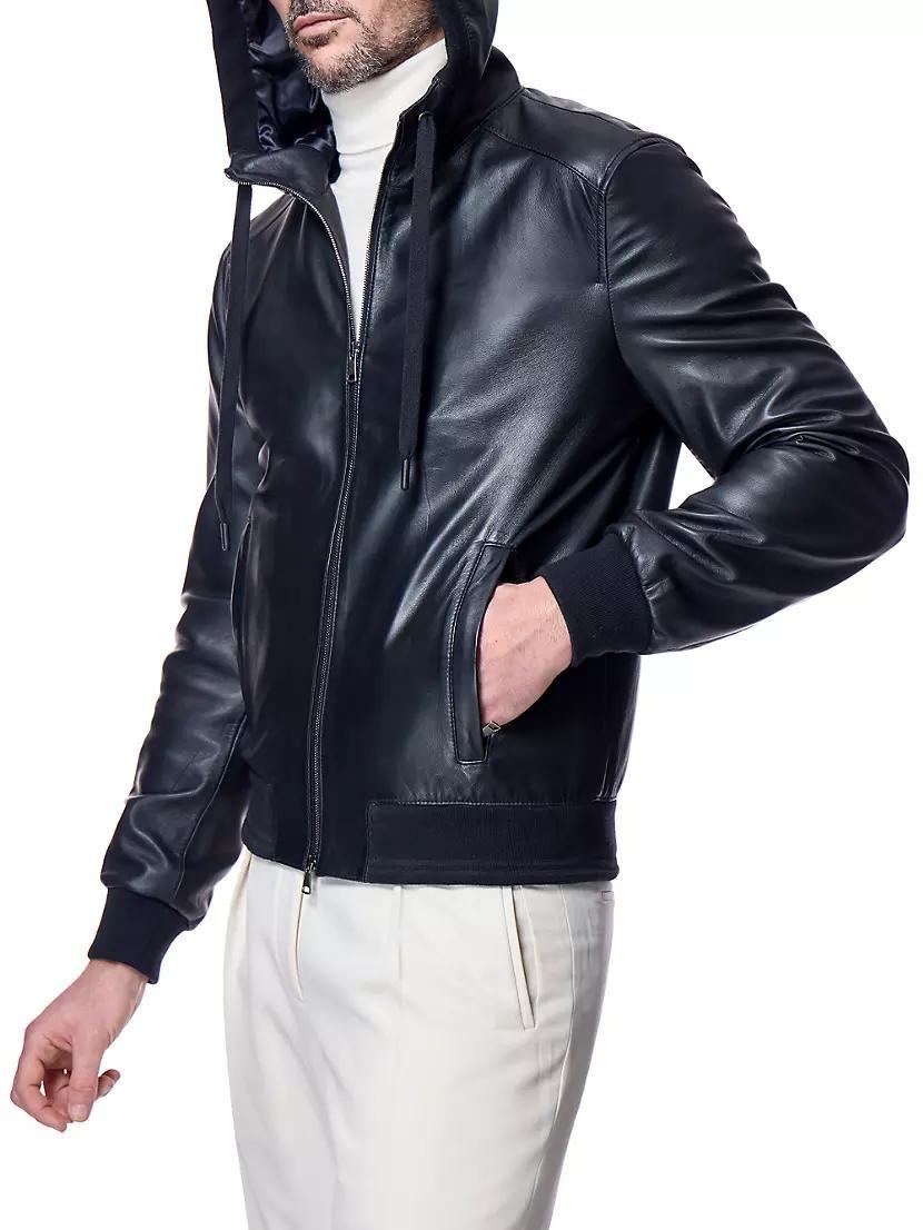 Slim Hooded Leather Bomber Jacket Product Image