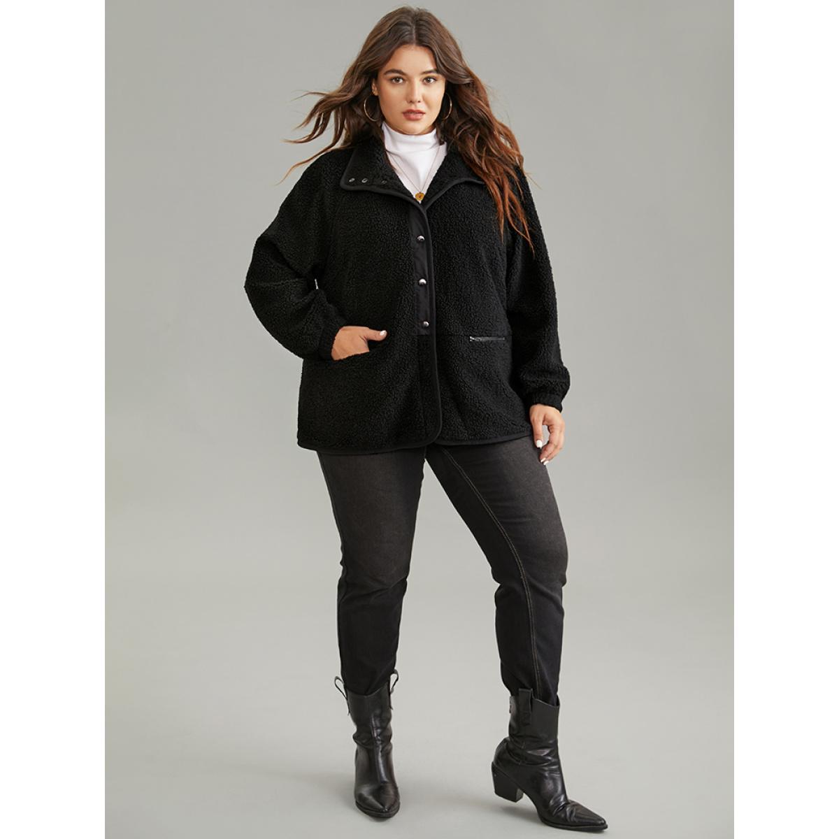 Plus Size Solid Button Through Teddy Coat Women Black Casual Lined Ladies Dailywear Winter Coats BloomChic 18-20/2X Product Image