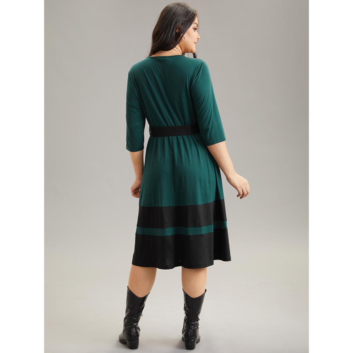 Plus Size Contrast Belted Buckle Detail Elastic Waist Dress DarkGreen Women Casual Belted Round Neck Elbow-length sleeve Curvy Midi Dress BloomChic 12/L Product Image