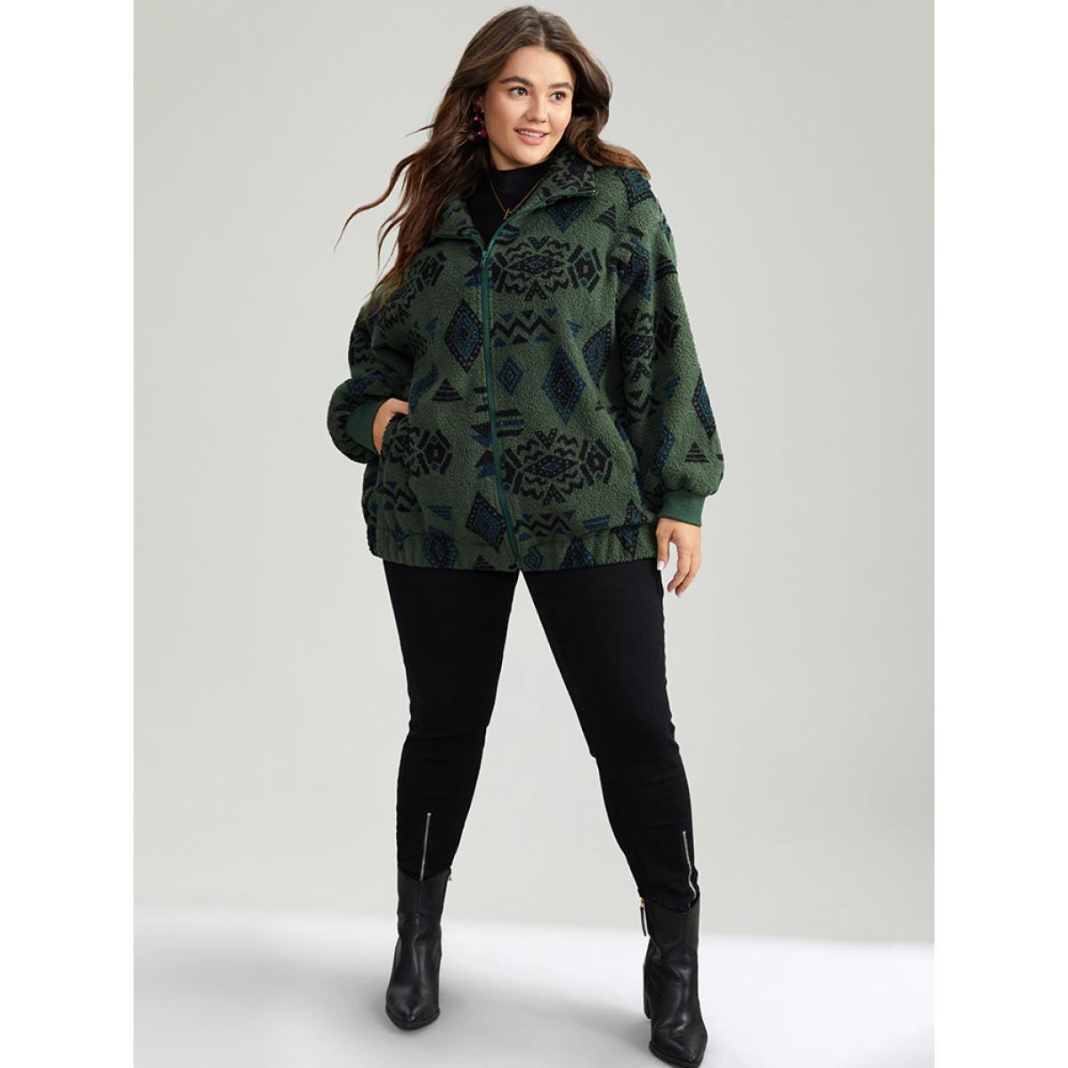 Plus Size Geometric Pocket Gathered Zipper Jacket Women Green Zipper Pocket Dailywear Jackets BloomChic 28/5X Product Image