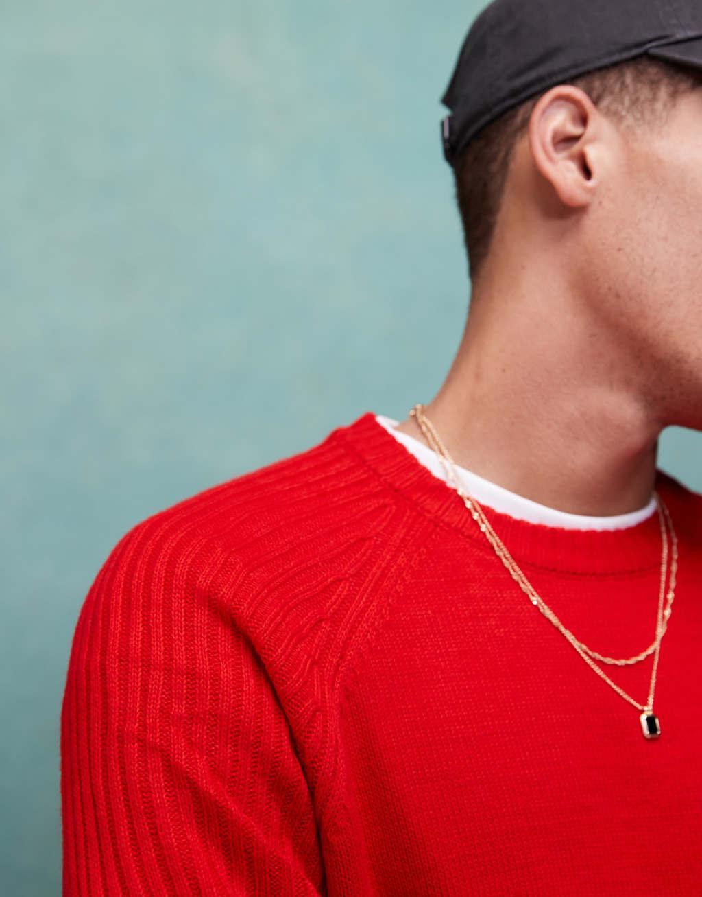 ASOS DESIGN oversized boxy fit knitted crew neck sweater with rib sleeves in red Product Image