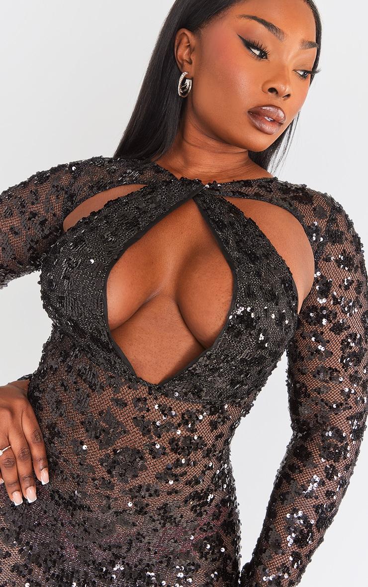Plus Black Fishnet Sequin Cut Out Maxi Dress Product Image